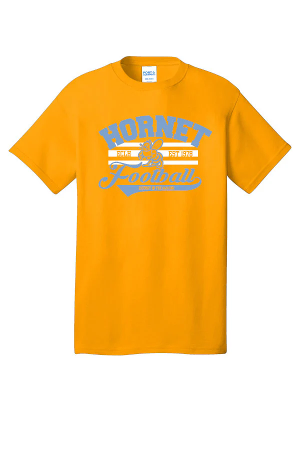 EC Hornets Football THROWBACK GAME Short Sleeve Cotton T-Shirt with Screen Print on Chest - GOLD